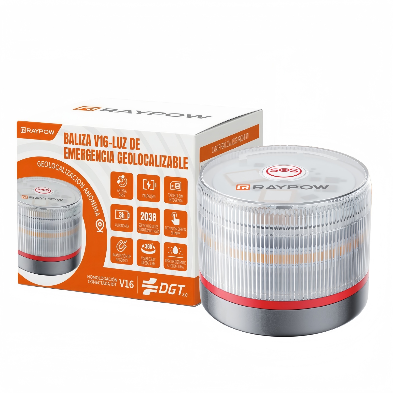 RAYPOW Baliza V16 Homologada DGT con Geolocalización IoT Luz Emergencia Coche Visible 1 km 360° Datos Incluidos hasta 2038 Sustituto Oficial Triángulos IP54 Resistente Agua y Polvo