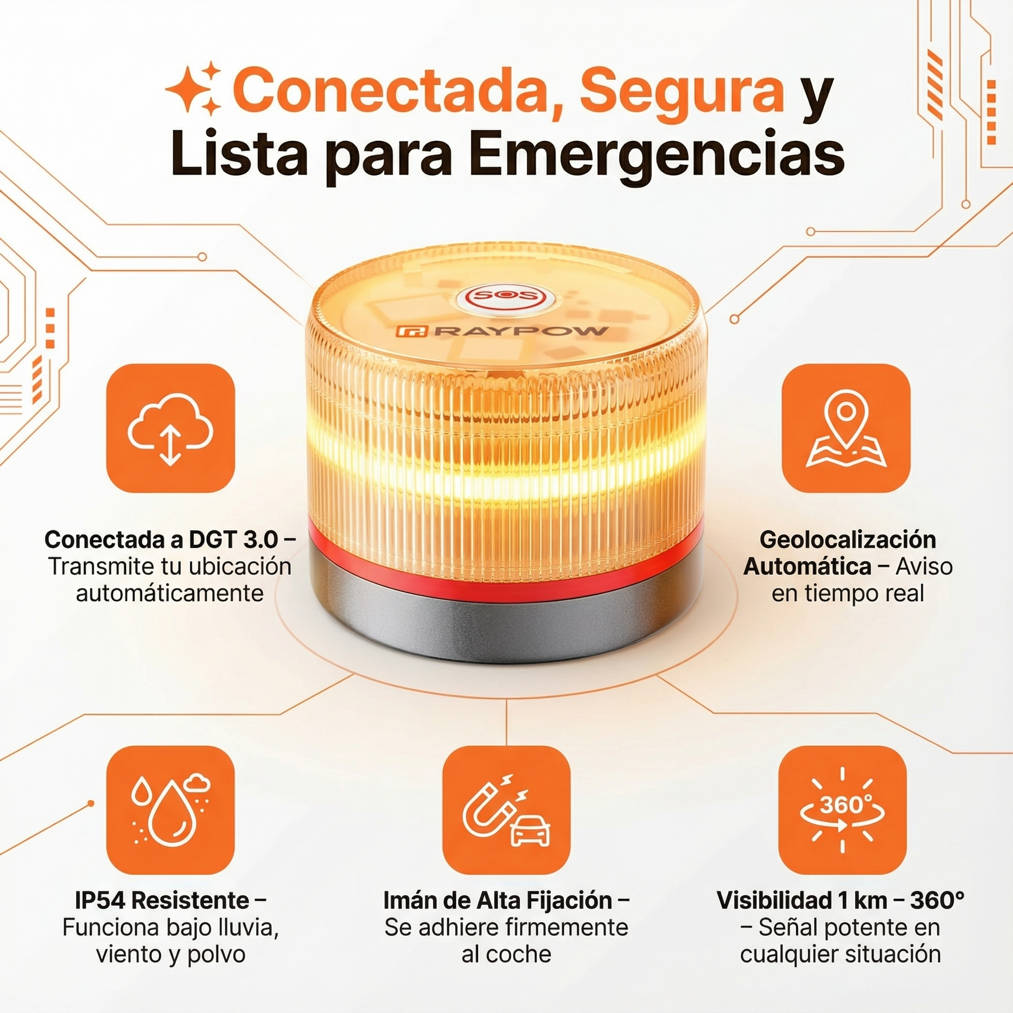 RAYPOW Baliza V16 Homologada DGT con Geolocalización IoT Luz Emergencia Coche Visible 1 km 360° Datos Incluidos hasta 2038 Sustituto Oficial Triángulos IP54 Resistente Agua y Polvo - Image 10